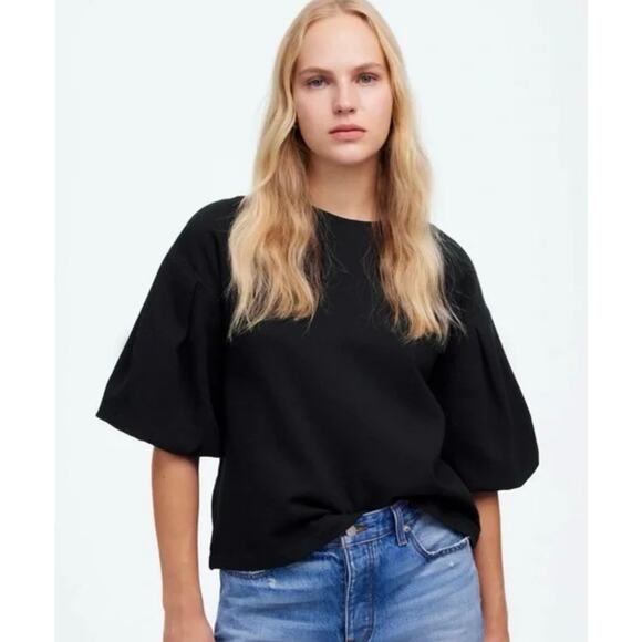 Madewell NWT Women’s Black Puff Sleeve Short Sleeve Sweatshirt size Small - Picture 1 of 7